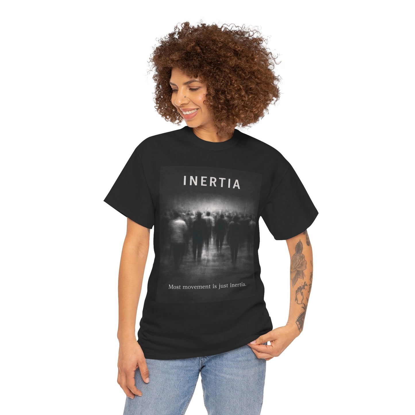 Inertia Graphic Tee — 'Most Movement Is Just Inertia' Black Shirt