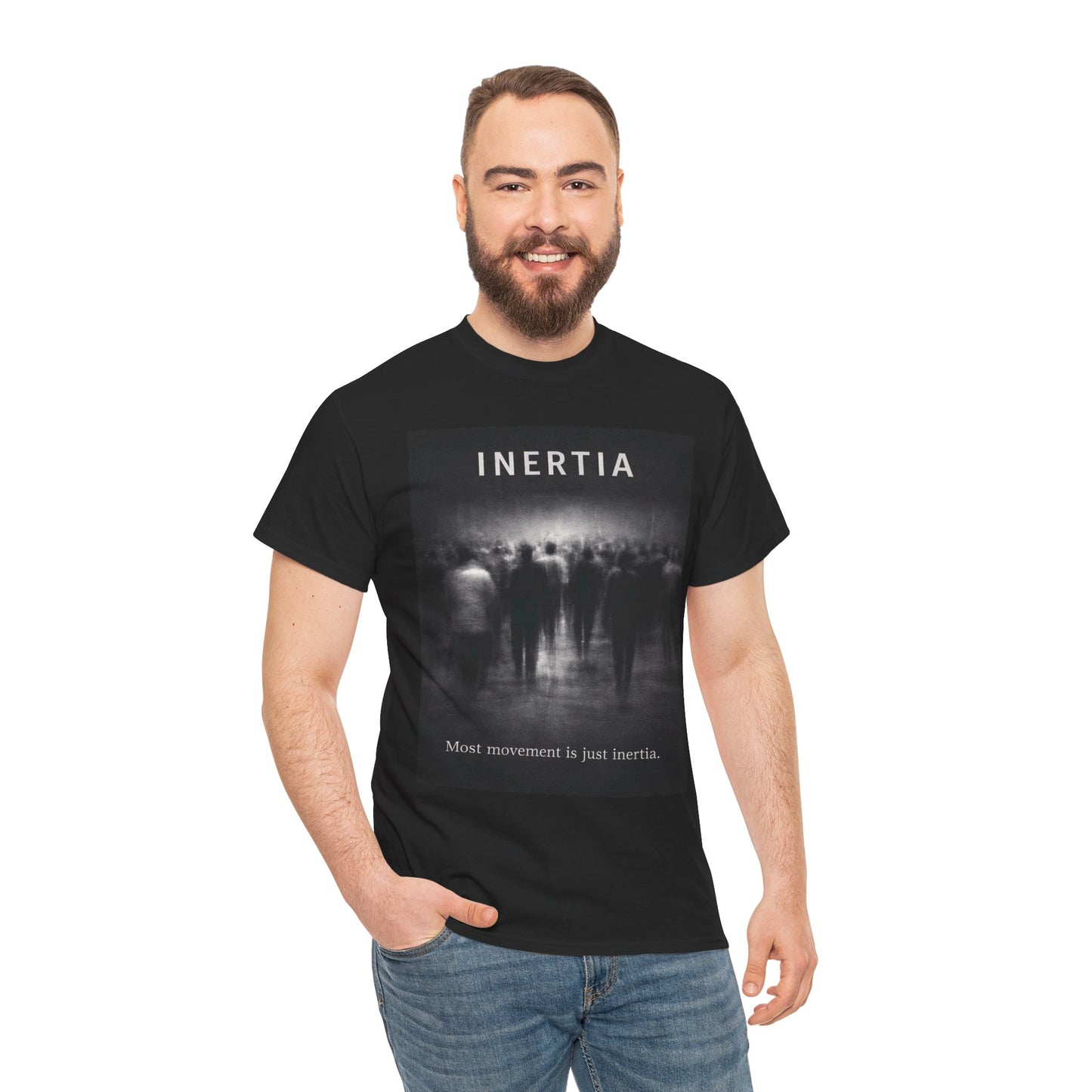 Inertia Graphic Tee — 'Most Movement Is Just Inertia' Black Shirt